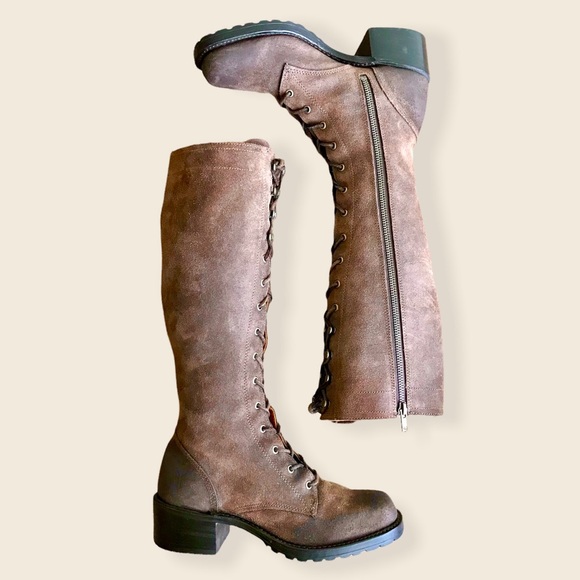 Frye Vintage Lace Up Knee-High Suede Brown Leather Block Heel Equestrian Boots - Picture 16 of 16